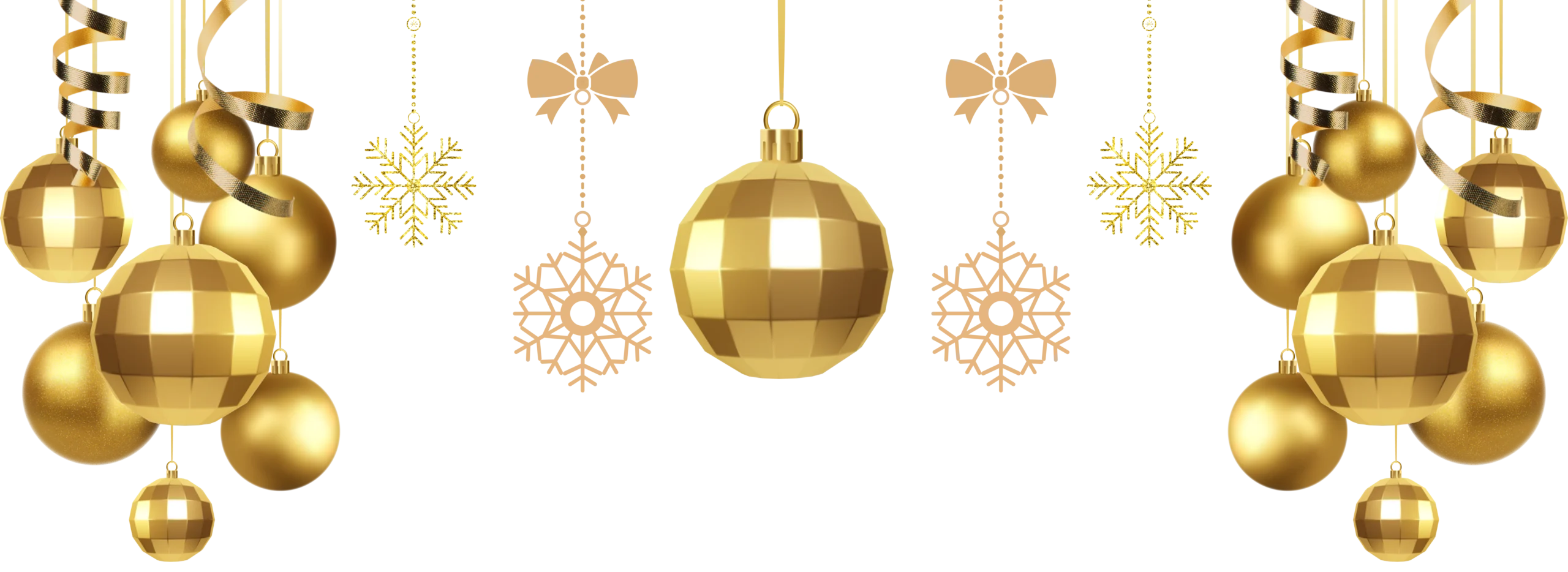 Gold Christmas ornaments and snowflakes hanging from ribbons – festive decorations